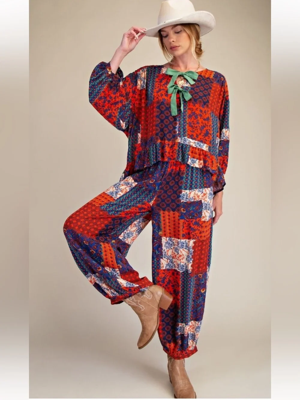 461 PATCHWORK PRINTED RAYON GAUZE PANTS TOP MATCHING SET